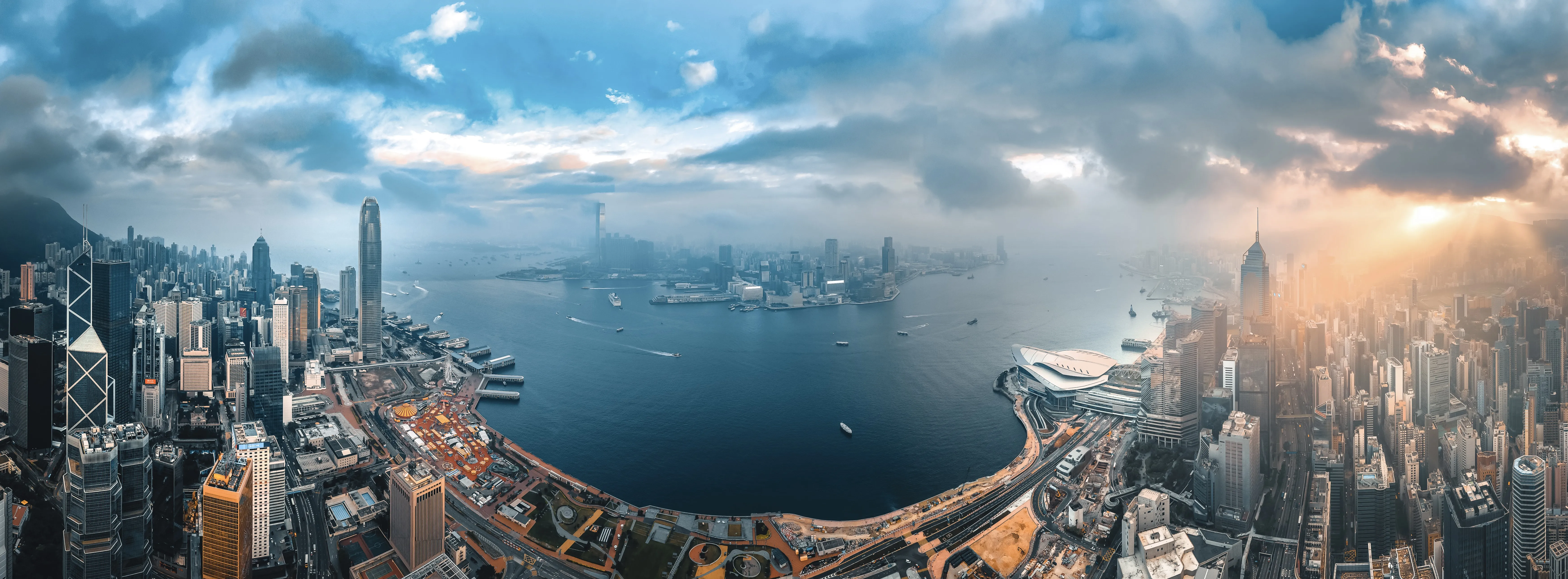 Hong Kong Island from aerial view in sunrise