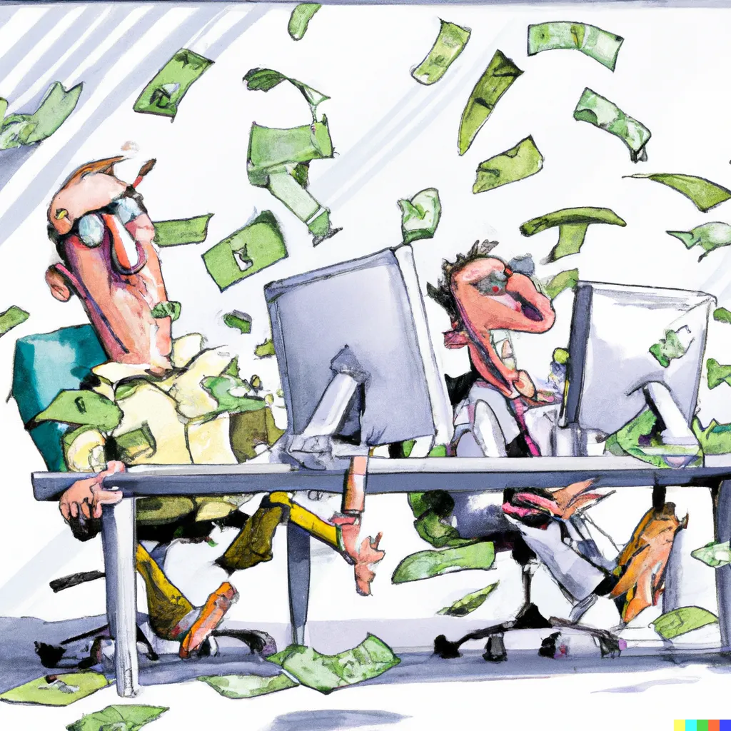 Successful entrepreneurs overwhelmed with money and customer demand, digital art, humorous