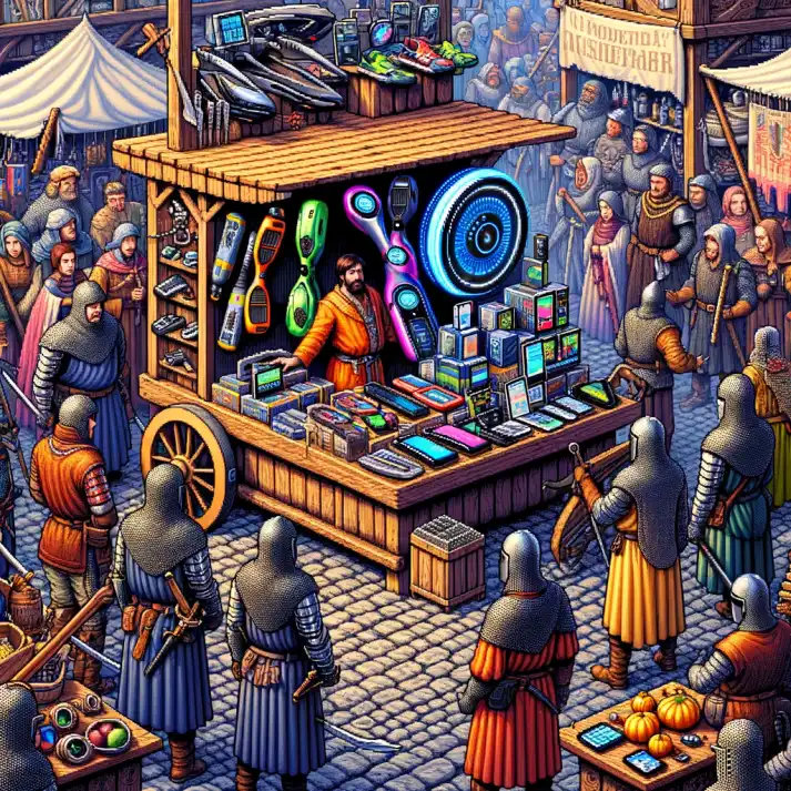 Man selling futuristic gadgets on a medieval market